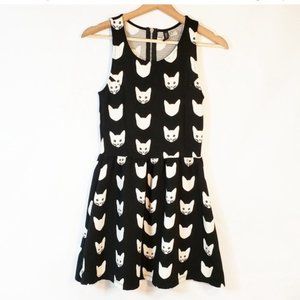 H&M Black Cat Print Mini Skater Dress - Size XS